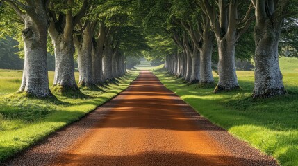 Fototapeta premium A serene tree-lined pathway leads into a lush green landscape under soft morning light.