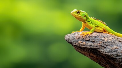 Obraz premium Biodiversity conservation concept. Vibrant green lizard perched on a rock against a blurred green background.
