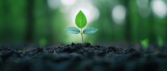 Biodiversity conservation concept. A tiny green plant sprouts from rich soil in a lush, vibrant forest setting.