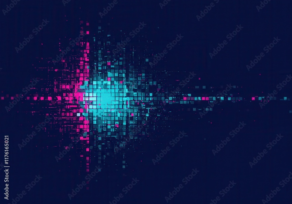 Poster digital pixel explosion: futuristic abstract data visualization in blue and pink