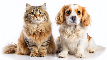 Obraz premium Adorable Russian Spaniel and Scottish Fold Cat Portrait - Isolated White Background Pet Photography