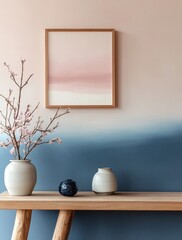 Pastel ombre wall with framed art, vase, and decorative objects on wooden console table.