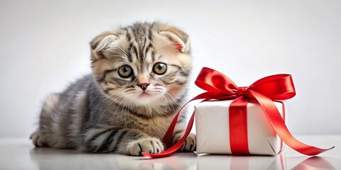 Adorable Scottish Fold Kitten with Red Ribbon Gift &ndash; White Background Stock Photo