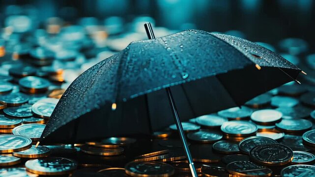 Umbrella resting on a pile of coins in a rainy environment showcasing protection and wealth