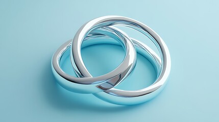 Fototapeta premium Clean 3D render of interlocking rings on a simple blue background with light reflections