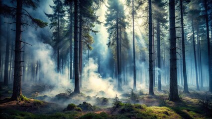 Obraz premium Dense fog surrounded by dark trees in a forest with smoke rising from the ground