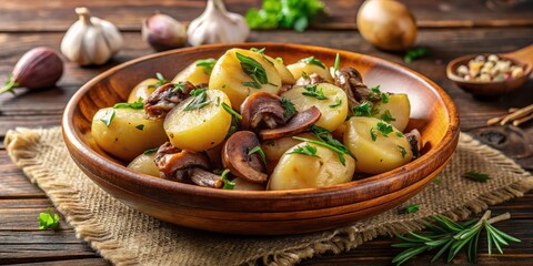 A plate of boiled potatoes with saut?ed mushrooms and onions in a savory sauce served in a rustic wooden bowl on a table , sauce