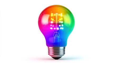 Vibrant LED Light Bulb in Rainbow Colors Illuminating Brightly Against a Clean White Background, Symbolizing Creativity and Innovation in Lighting Solutions