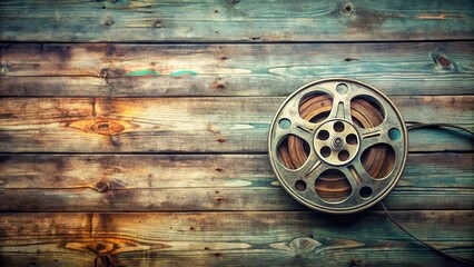 Obraz premium Vintage film reel against a distressed wood background, analog, nostalgia, analog, nostalgia