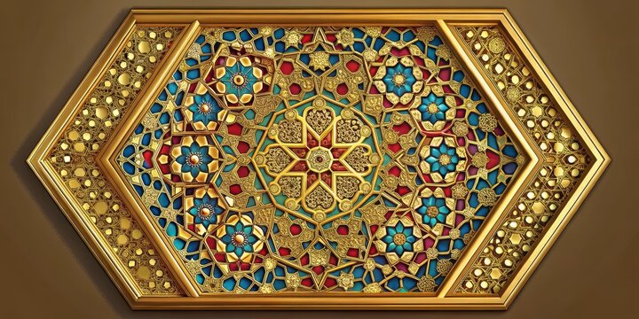 Geometric hexagon mosaic with intricate gold filigree and vibrant colors, geometric patterns