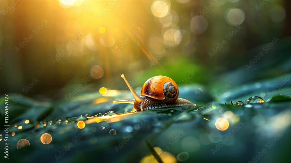 Poster tranquil close up of snail on green leaf in sunlight, showcasing natures beauty with bokeh effects a