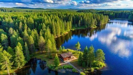 Aerial view of wooden cottage amidst lush green forest and a serene blue lake on a sunny rural summer day in Finland , lake