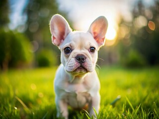 Fototapeta premium Adorable White French Bulldog Puppy Posing on Green Grass