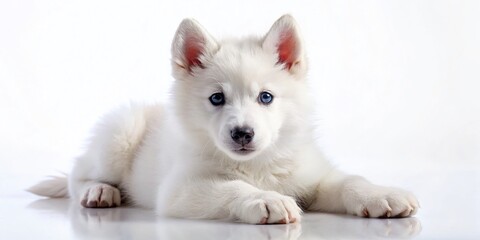 Obraz premium Adorable White Husky Puppy Lying Down, Studio Shot, Isolated on White Background