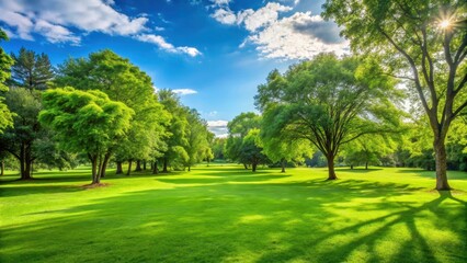 A lush green lawn with a few scattered trees and a serene atmosphere, foliage, park