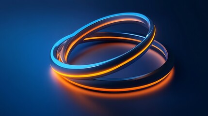 Fototapeta premium Geometric interlocked rings in 3D on a deep blue background with glowing edges
