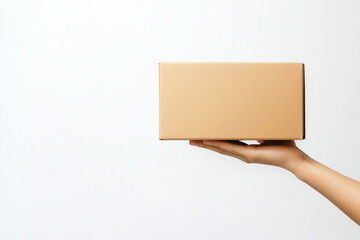 A box on one hand of a delivery service man. Isolated on white background. 