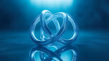 Fototapeta premium Abstract 3D interlocked rings with a glowing blue backdrop and soft reflections