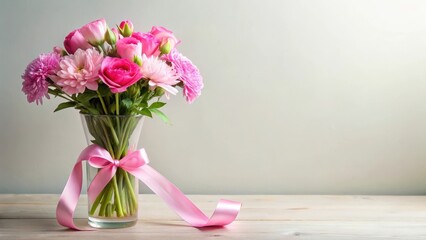 A pink ribbon tied around a bouquet of flowers in a vase
