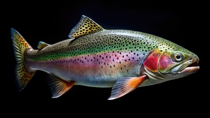 Fototapeta premium Rainbow Trout, Black Background, High Depth of Field, Fish Photography, Aquatic Life, Colorful Scales