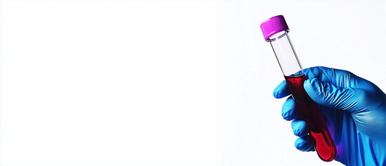 Test tube with red liquid in the hands of a scientist in blue latex gloves. Isolated on white background. Copy space.