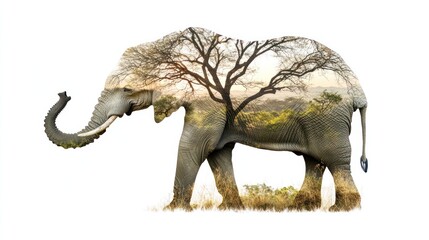 Fototapeta premium Double exposure of elephant and African savanna landscape at sunset.