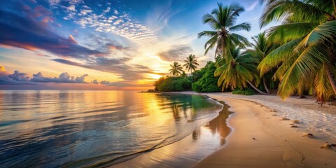 Sandy beach at sunset with palm trees and crystal clear water, ocean, natural,  ocean, natural, beauty, palm trees, beach