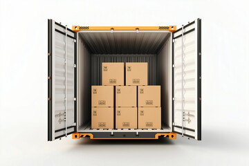 A rear view of a white cargo truck with the back door open, revealing the interior filled with brown parcel boxes. Delivery, transportation, and logistics concepts.
