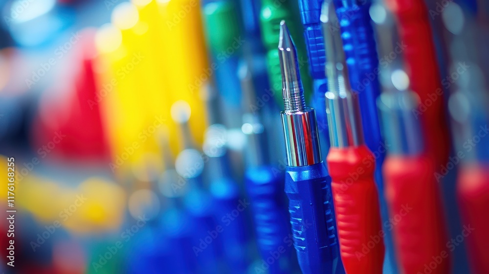 Poster close-up view of colorful screwdrivers displayed in a tool shop showcasing a variety of designs and 