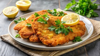 Crispy homemade chicken schnitzel on a plate with lemon wedges and fresh parsley , plate, crispy,  plate, crispy, dish, breaded
