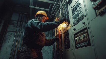 Electrician at Work in Industrial Setting: Repairing Electrical Panel in Dark Basement