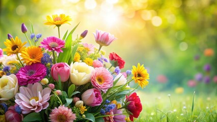Colorful Floral Bouquet with Soft Petals and Greenery in a Seamless Background, flower field, spring,  flower field