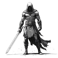 Fototapeta premium A powerful monochrome illustration of a hooded warrior, wielding a large sword, standing defiantly.