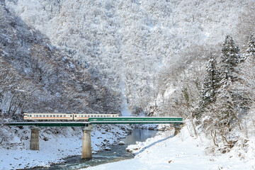 雪に覆われた蛇渕橋を渡る高山本線