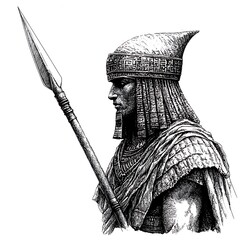 Obraz premium Profile illustration of an ancient warrior holding a spear, wearing ornate headgear and clothing.