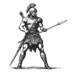Obraz premium A Hand-Drawn Illustration of a Powerful Ancient Greek Hoplite Warrior Holding a Spear.