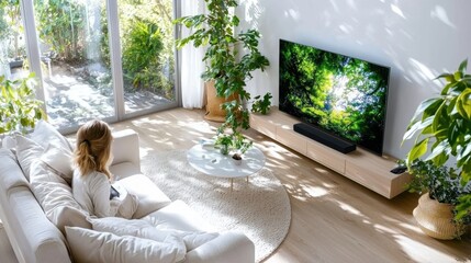 A cozy living room featuring a person watching nature on a TV, surrounded by plants.