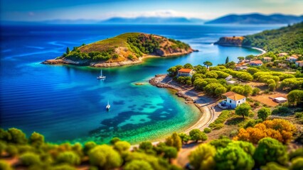 Aerial Tilt-Shift View of Tomaria Islands near Lesbos, Greece: Idyllic Aegean Seascape