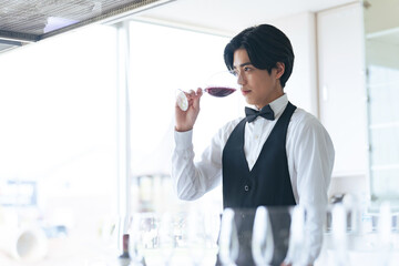 wine, sommelier, red wine, man, tasting, competition, waiter, bartender, restaurant, kitchen,...