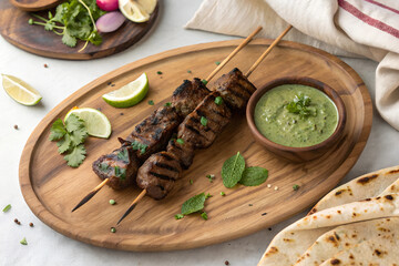 Grilled Lamb Steak, Rustic wooden Platter