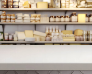 White Countertop with Blurred Background of Shelved Food Items