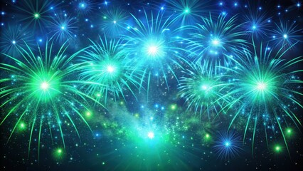 Fototapeta premium Electric blue fireworks explode in the night sky over a dark background, with star bursts radiating bright green light , sparkles in darkness, starburst