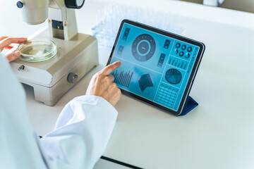 tablet, research, microscope, woman, screen, dx, digital transformation, analysis, graph, chart,...