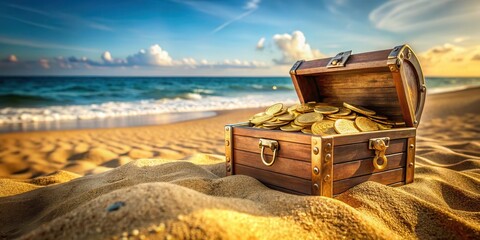 Locked treasure case buried in sand on the beach, treasure, golden coins,  treasure, golden coins