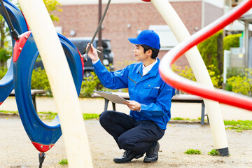 inspection, man, swing, maintenance, worker, person, people, child, playground equipment, safety, park, accident, danger, japanese, asian, staff, management, manager, engineer, technician, work clothe