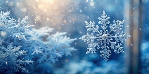 Delicate white snowflake gently falls on a frosty windowpane, window, frosty,  window, frosty