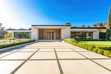 Modern Minimalist Home Surrounded by Lush Greenery and Clear Blue Sky, Featuring a Beautiful Front Yard and Inviting Walkway to the Main Entrance