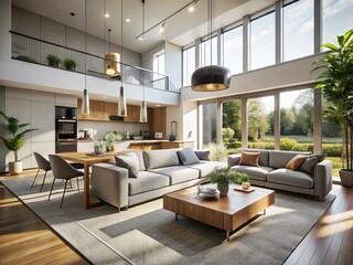 Fototapeta premium Aerial View: Modern Contemporary Open Plan Living Room & Kitchen Walkthrough Animation