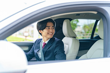 man, automobile, back, businessman, driver, inside the car, japanese, dashboard, interior, smile,...