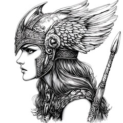 Profile of a Valkyrie in Ornate Helmet and Winged Headpiece, Holding a Spear.